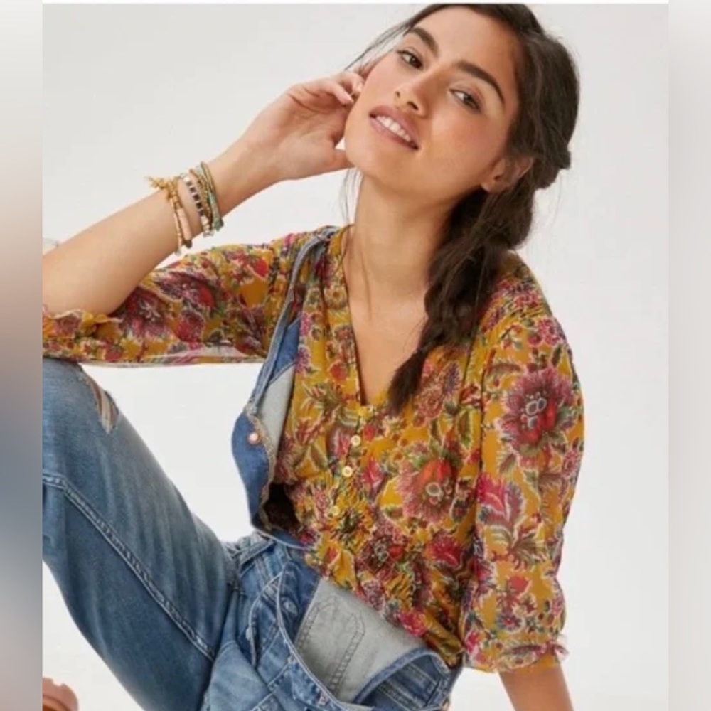 Anthropologie Mustard Yellow Gretchen Floral Print Sheer Mesh Top Size XL
